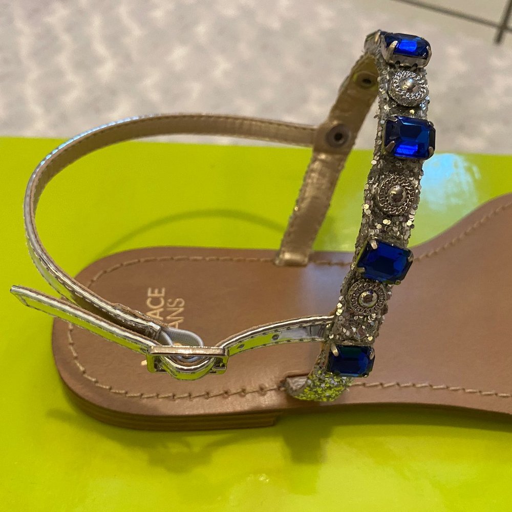 Versace Jeans Ladies Blue Glitter Mirror Flat Sandals-37 - Picture 3 of 12